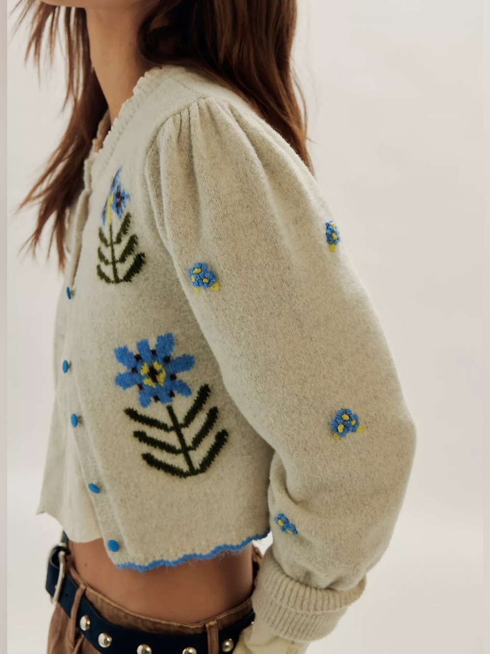 Free People Nonna Knit Cardi Floral Cardigan Sweater Blue Flower Accents